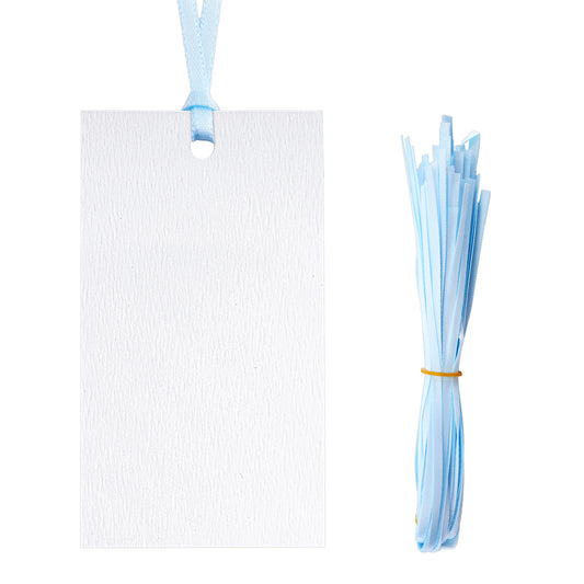 G2PLUS 50Pcs Name Place Cards - Wedding Place Cards with Baby Blue Ribbon, Blank Paper Gift Tags 3.5x2 Inches for Wedding Favors, Bridal Shower & Party Table Setting