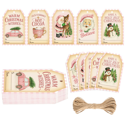 G2PLUS 50Pcs Christmas Tags, 5 Designs Xmas to from Tags, 3.3x2.2in Pink Buffalo Plaid Paper Gift Tag with String for Holiday Wrapping, DIY Crafts, New Year Party Favors