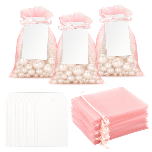 G2PLUS 50 Pack Organza Gift Bags with Tags: 10 x 15 cm Baby Pink Drawstring Favour Pouches with 4 x 7 cm White Tags for Wedding Party Favours Jewellery Candy