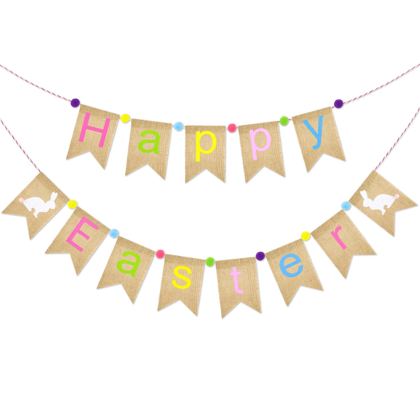 G2PLUS Happy Easter Burlap Banner, Pre-strung Colorful Easter Bunny Garland with Pompom Ball, Rustic Farmhouse Easter Bunting Banner for Home, Mantel, Fireplace, Party & Spring Dec
