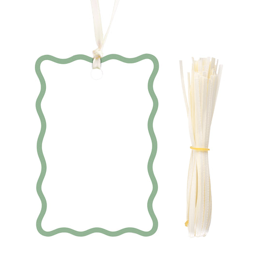 G2PLUS 50Pcs Name Place Cards - Sage Green Scalloped Wedding Place Cards with Ribbon, Blank Gift Tags with Ivory Ribbon for Wedding Favors, Party Favors & Dinner Table Setting Supplies