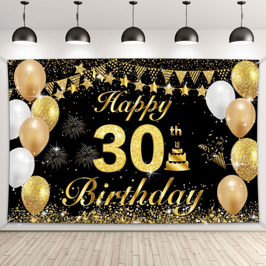 G2PLUS 30th Birthday Backdrop Banner, Black Gold 30th Happy Birthday Banner, Reusable Birthday Party Backdrop Decorations for Man and Woman, 30 Years Old Birthday Party Supplies（185cm×115cm）