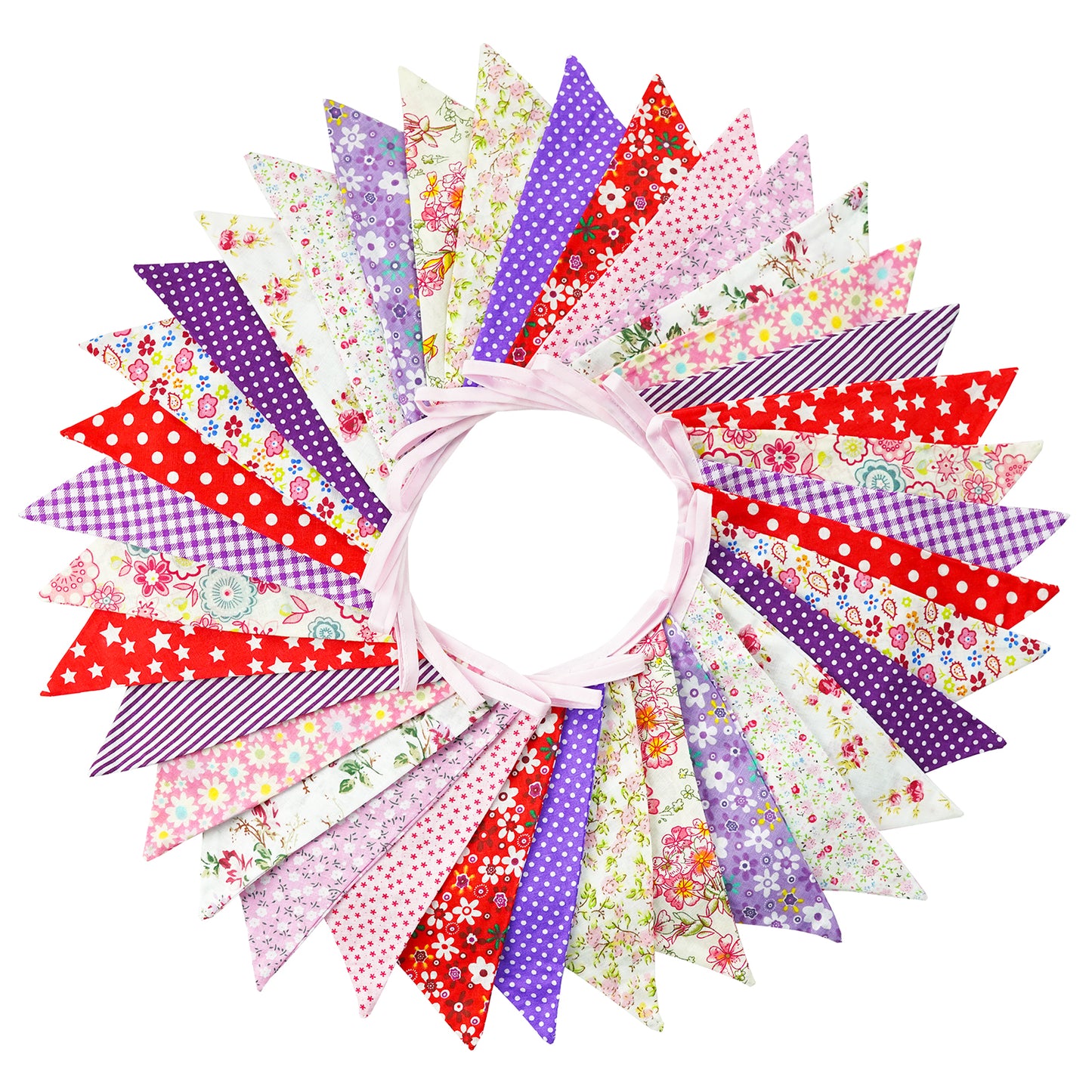 G2PLUS 36PCS Large Fabric Bunting Banner, 10M Double Sided Cotton Triangle Flag Garland-17x19CM Two Layer Purple and Red Floral Pennants for Wedding Birthday Parties