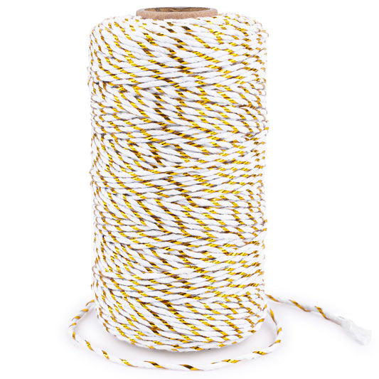 G2PLUS White Gold String - 2MM 328ft Bakers Twine for Gift Wrapping, White Cotton and Gold String DIY Crafts, Wedding, Christmas Party Decor