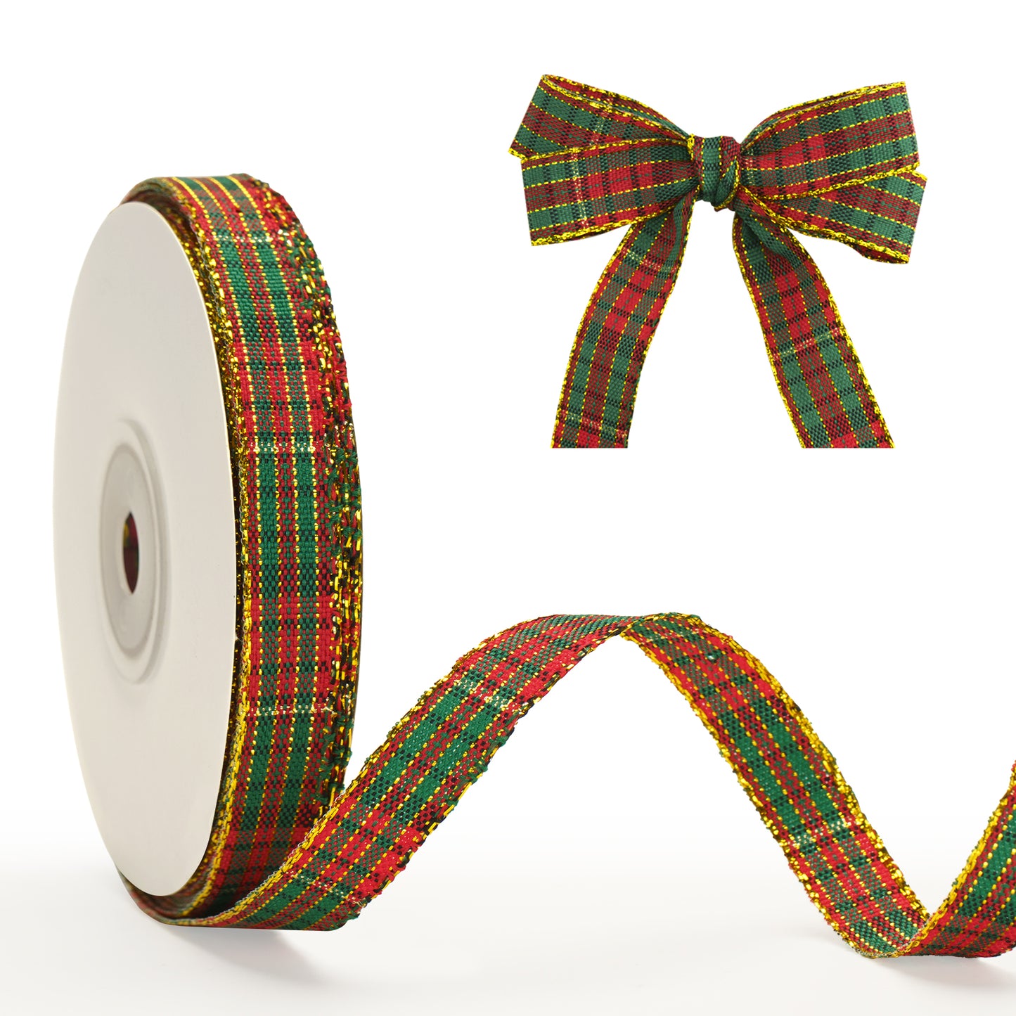 G2PLUS Red Green Tartan Ribbon - 10mm Christmas Tartan Ribbon - 25 Yards Plaid Gold Edge Ribbon - Tartan Ribbons for Christmas Cards, Crafting, Gift Wrapping, Christmas Bows