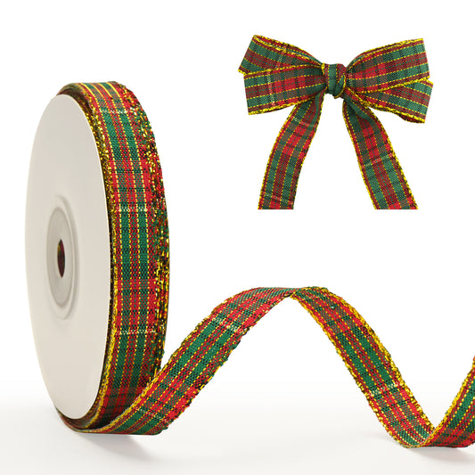 G2PLUS Red Green Tartan Ribbon - 10mm Christmas Tartan Ribbon - 25 Yards Plaid Gold Edge Ribbon - Tartan Ribbons for Christmas Cards, Crafting, Gift Wrapping, Christmas Bows