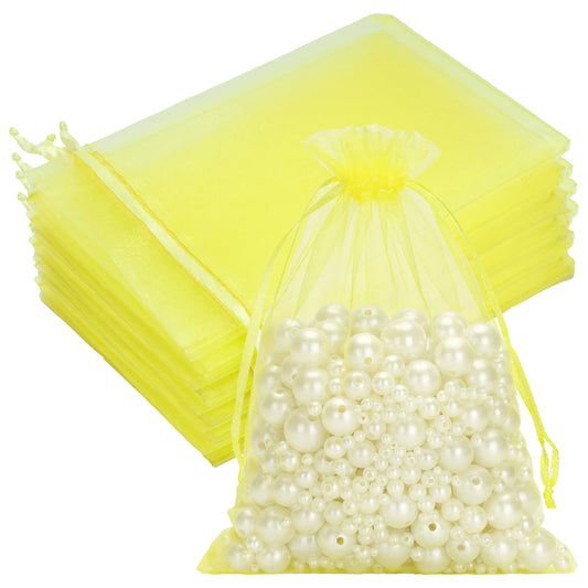 G2PLUS 25PCS Yellow Organza Bags 5x7 inches - Sheer Mesh Jewelry Pouches, Organza Gift Bags with Drawstring for Candy, Jewelry, Wedding Party Favors