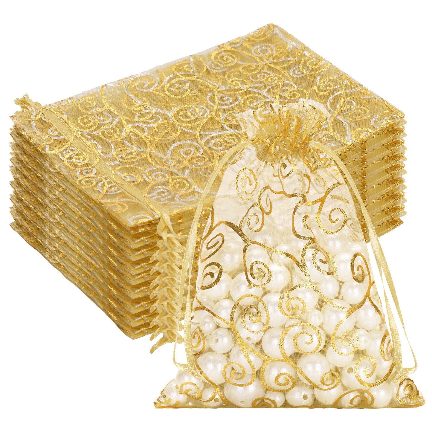 G2PLUS Organza Gift Bags 5x7 Inches - 50Pcs Sheer Mesh Organza Bags with Gold Rattan Printed, Drawstring Tulle Jewelry Pouches for Wedding, Christmas Party Favors