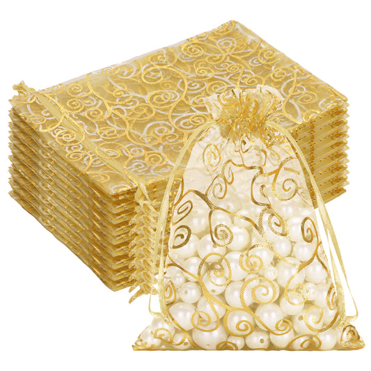 G2PLUS Organza Gift Bags 5x7 Inches - 50Pcs Sheer Mesh Organza Bags with Gold Rattan Printed, Drawstring Tulle Jewelry Pouches for Wedding, Christmas Party Favors