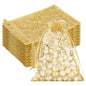 G2PLUS Organza Gift Bags 5x7 Inches - 50Pcs Sheer Mesh Organza Bags with Gold Rattan Printed, Drawstring Tulle Jewelry Pouches for Wedding, Christmas Party Favors
