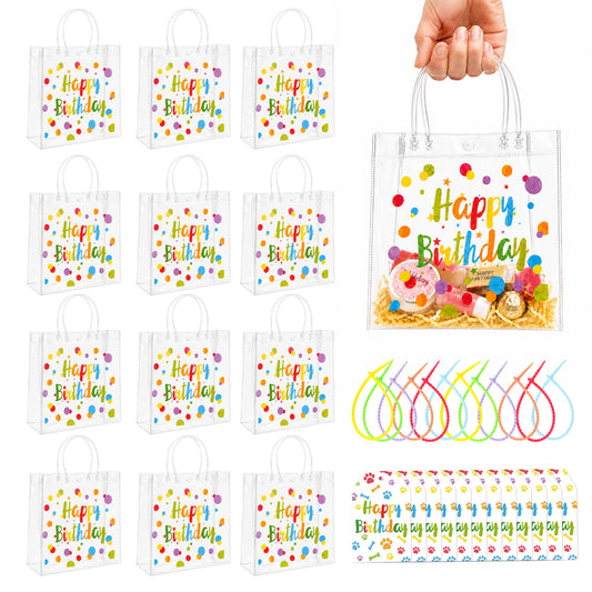 G2PLUS 12 Pack PVC Happy Birthday Gift Bags with Twist Ties and Tags Set Colorful Paws Printed, for Birthday Gift Party Favors