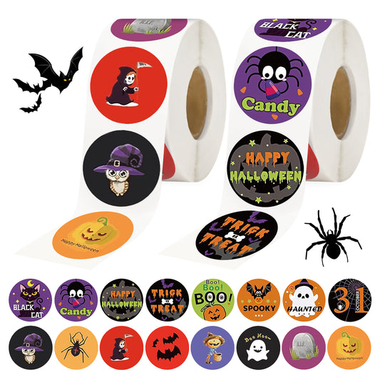 G2PLUS Halloween Stickers, 1000PCS Halloween Stickers for Kids, 1.5'' Round Happy Halloween Stickers, 16 Designs Halloween Pumpkin Bat Spider Ghost Stickers for Trick or Treat, Halloween Party Favors