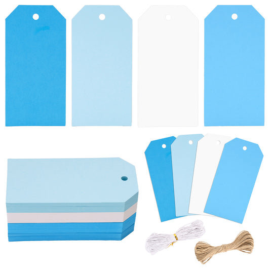 G2PLUS Kraft Paper Gift Tags with String, 4 Colors Gradient Blue Gift Tags, 120PCS Blank Hanging Labels for Holiday Present Wrapping, Wedding, Birthday, DIY Art Craft Supplies (2X4 in, Blue, White)