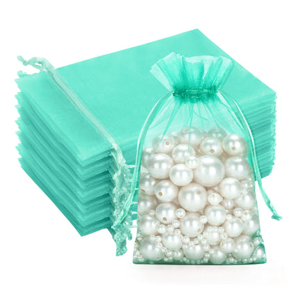 G2PLUS Drawstring Organza Bags 4x6 In - 100PCS Aqua Blue Organza Bags, Sheer Mesh Jewelry Pouches, Candy Gift Wrap Pouch for Christmas, Baby Shower, Birthday, Wedding Party Favors