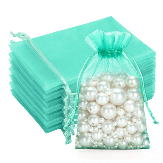 G2PLUS Drawstring Organza Bags 4x6 In - 100PCS Aqua Blue Organza Bags, Sheer Mesh Jewelry Pouches, Candy Gift Wrap Pouch for Christmas, Baby Shower, Birthday, Wedding Party Favors