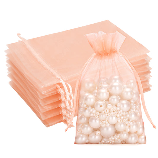 G2PLUS Peach Organza Bags 4x6 In - 100PCS Drawstring Organza Bags, Sheer Mesh Jewelry Pouches, Candy Gift Wrap Pouch for Halloween, Christmas, Wedding Party Favors
