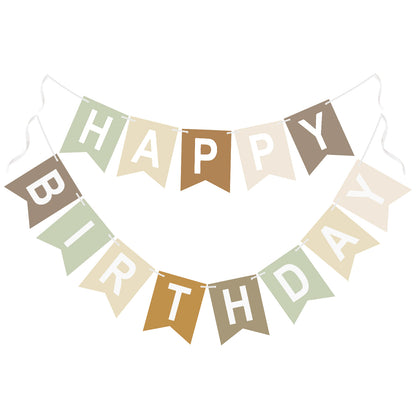 G2PLUS Pre-strung Happy Birthday Banner Beige and Sage Green: 16 x 20 cm Large No-DIY Birthday Banner for Bear, Woodland Theme Birthday Party Decorations