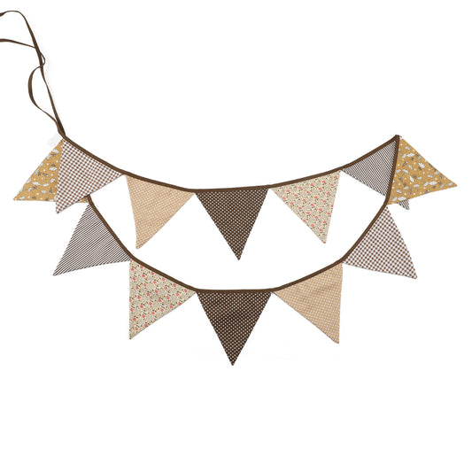 G2PLUS Double Sided Fabric Bunting Banner -12PCS Brown Fabric Bunting Nursery - 3.3M Cotton Triangle Pennants for Decorating Boys Bedroom Birthday Parties