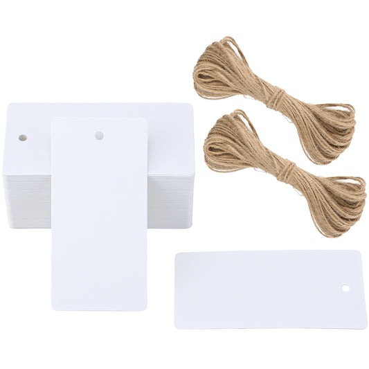 G2PLUS Gift Kraft Paper Tags, 4.5 x9 CM Luggage Wedding Labels, 300g/m² Large Blank Gift Tags with String, 100 PCS White Paper Gift Tags for Birthday Party, Wedding Gift Favors