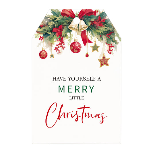 G2PLUS 50PCS Merry Christmas Tags, Have Yourself A Merry Little Christmas Tags, Watercolor Christmas Floral Gift Tags, Christmas Paper Gift Tags with String for Gift Wrapping, Holiday Party Favors