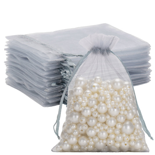 G2PLUS 25PCS Grey Organza Bags 5x7 inches - Sheer Mesh Jewelry Pouches, Organza Gift Bags with Drawstring for Candy, Jewelry, Wedding Party Favors