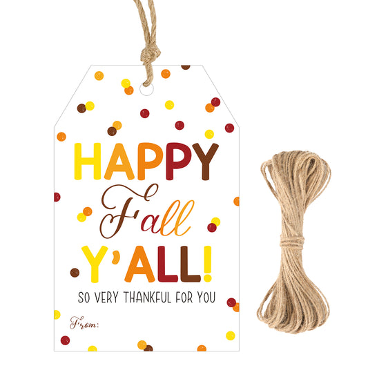 G2PLUS Fall Gift Tags - 50Pcs Happy Fall Y’All Tags with String, White Paper Thank You Gift Tag with Orange Dots for Thanksgiving, Autumn Party Favors, Small Business, DIY Crafts (3.3x2.2in)
