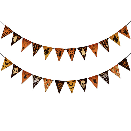 G2PLUS Halloween Banner, 24PCS Paper Triangle Bunting Flags with 12 Styles, Pre-Strung Orange and Black Vintag Pennant Garland for Halloween Party, Haunted House, Classroom Decor