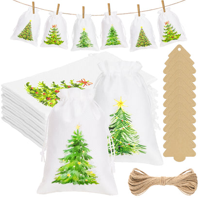 G2PLUS 24Pcs Christmas Drawstring Burlap Gift Bags - 5X7 In Christmas Advent Calendar Bags, 4 Design Xmas Tree Burlap Bag, White Treat Goody Bag for Xmas Holiday Party Favors