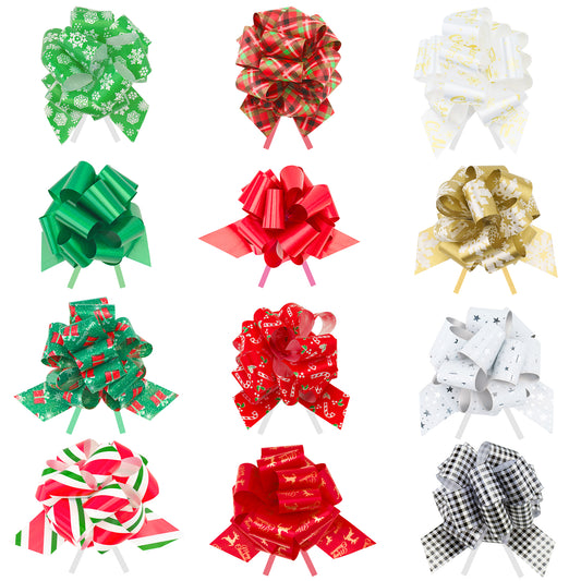 G2PLUS 24PCS Christmas Pull Bows, 5" Wide Large Christmas Ribbon Pull Bows, Wrap Pull Bows Ribbon for Xmas Presents Gift Wrapping, Christmas Decoration, Hampers, Christmas Wreaths, Bouquets