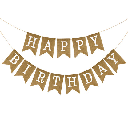 G2PLUS Happy Birthday Banners Burlap, Pre-Strung Happy Birthday Banner Sign, Rustic Happy Birthday Garland Bunting for Party Decorations, Reusable Hanging Backdrop for Cake Table