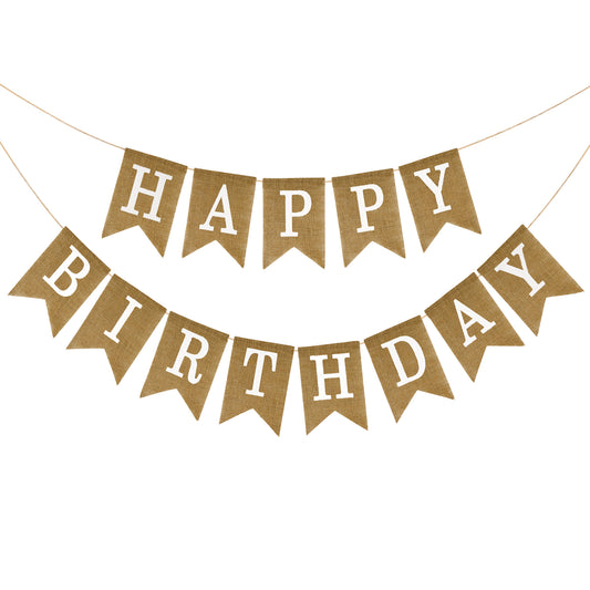 G2PLUS Happy Birthday Banners Burlap, Pre-Strung Happy Birthday Banner Sign, Rustic Happy Birthday Garland Bunting for Party Decorations, Reusable Hanging Backdrop for Cake Table