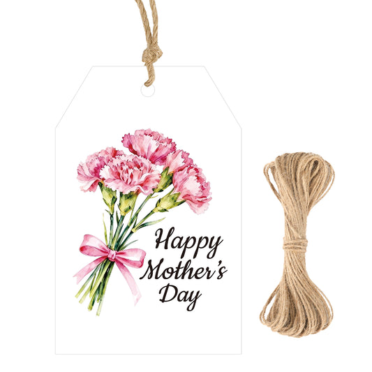 G2PLUS Mother's Day Gift Tags - 50Pcs Happy Mother's Day Tags with String Pink Carnation Bouquet Gift Tags Hanging Labels for Gift Wrapping, Mom's Birthday Party Favors