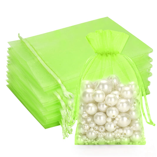 G2PLUS 100PCS Light Green Organza Bags 4x6 in - Drawstring Organza Bags, Sheer Mesh Pouches for Candy, Fruits, Christmas, Wedding Party Favors