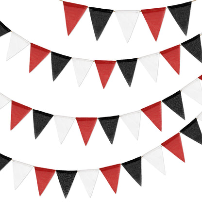 G2PLUS Pre-Strung Burlap Pennant Banner, 39Ft Black Red White Triangle Flag Bunting, Waterproof Reusable Pennant Banner Bunting Garland for Graduation Party, Sports Theme, Indoor Outdoor Decorations