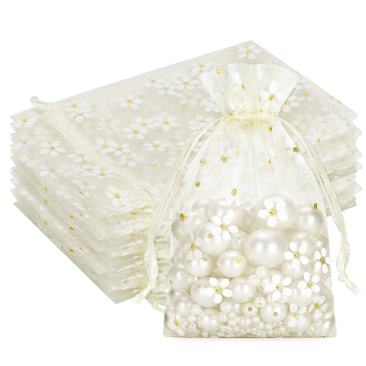 G2PLUS 30Pcs Ivory Organza Bags - 4x6 In Sheer Mesh Jewelry Pouches, Daisy Drawstring Organza Bags for Wedding, Baby Shower, Party Favors, Christmas