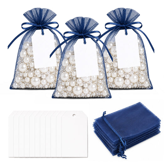 G2PLUS 25 Pack Organza Gift Bags with Tags: 10 x 15 cm Navy Blue Drawstring Favour Pouches with 4 x 7 cm White Tags for Wedding Party Favours Jewellery Candy