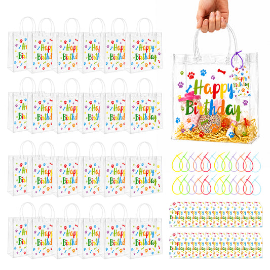 G2PLUS 24 Pack PVC Happy Birthday Gift Bags with Twist Ties and Tags Set Colorful Dots Printed, for Birthday Gift Party Favors