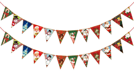 Vintage Christmas Banner, 19.6ft Paper Holiday Triangle Bunting Flags, Pre-Strung Pennant Garland for Xmas Party, Home, School, Church Decor
