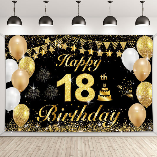 G2PLUS 18th Birthday Backdrop Banner, Black Gold 18th Happy Birthday Banner, Reusable Birthday Party Backdrop Decorations for Boys and Girls, 18 Years Old Birthday Party Supplies（185cm×115cm）