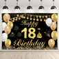 G2PLUS 18th Birthday Backdrop Banner, Black Gold 18th Happy Birthday Banner, Reusable Birthday Party Backdrop Decorations for Boys and Girls, 18 Years Old Birthday Party Supplies（185cm×115cm）