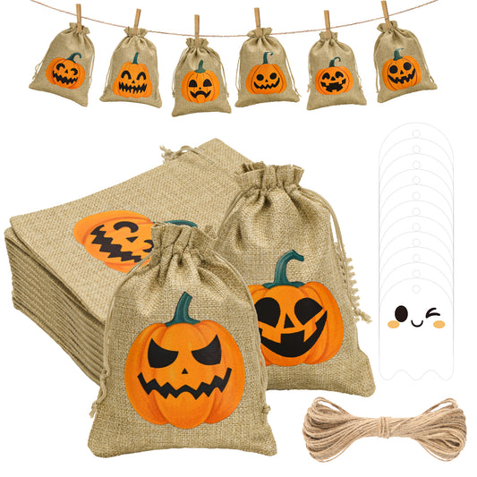 G2PLUS 24Pcs Halloween Burlap Gift Bags - 5X7 In Drawstring Goodies Treat Bags, 8 Styles Pumpkin Gift Candy Bag with Ghost Tags for Trick or Treat Party Favors