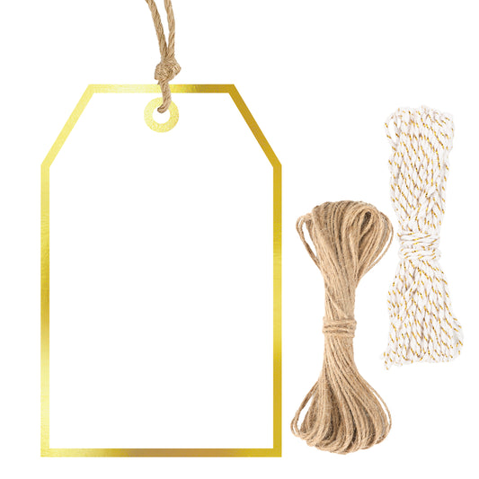 G2PLUS Gift Tags with String - 100Pcs White Blank Gift Wrapping Tags, 3.3x2.2 in Foil Gold Paper Tag for Wedding, Birthday, Baby Shower, Christmas