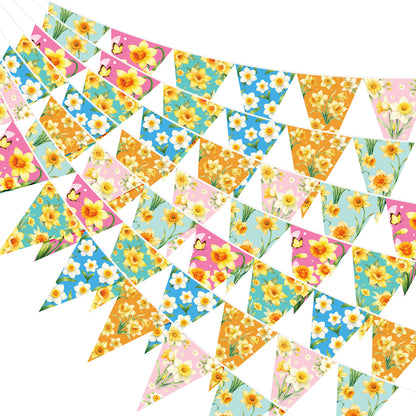 G2PLUS Floral Triangle Banner, 39Ft Pre-Strung Wildflower Paper Bunting Garland, Double Sided Pennant Banner for Tea Party, Birthday, Baby Shower, Garden, Spring Party Decorations (Yellow Narcissus)