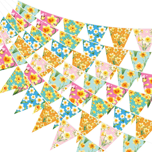 G2PLUS Floral Triangle Banner, 39Ft Pre-Strung Wildflower Paper Bunting Garland, Double Sided Pennant Banner for Tea Party, Birthday, Baby Shower, Garden, Spring Party Decorations (Yellow Narcissus)