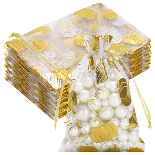 G2PLUS 50Pcs Fall Drawstring Organza Bags 4x6 In - Thanksgiving Organza Bags, White Sheer Mesh Pouches, Gold Pumpkin Candy Treat Bag for Wedding, Baby Shower, Autumn Holiday Party Favors