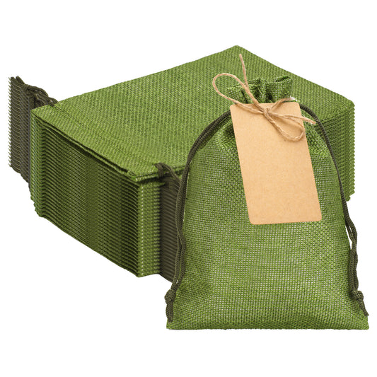 G2PLUS 24 Pcs Green Burlap Gift Bags with Drawstring 5x7 Inch, Rustic Gift Favor Bags with Kraft Tags & Jute String for St Patrick’s Day, Christmas, Wedding & DIY Crafts
