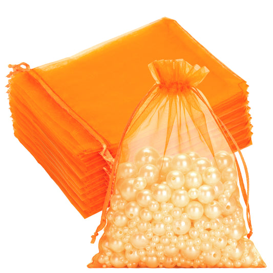 G2PLUS 25PCS Orange Organza Bags 5x7 inches - Sheer Mesh Jewelry Pouches, Organza Gift Bags with Drawstring for Candy, Jewelry, Wedding Party Favors