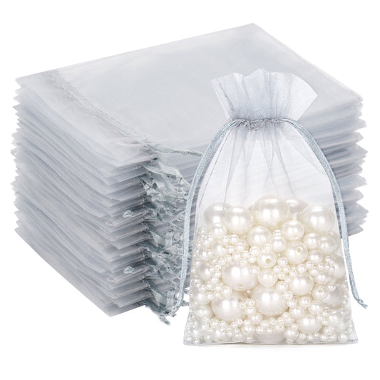 G2PLUS 100PCS Drawstring Organza Bags - Grey Organza Bags 4x6 In, Sheer Mesh Jewelry Pouches, Candy Gift Wrap Pouch for Christmas, Baby Shower, Birthday, Wedding Party Favors