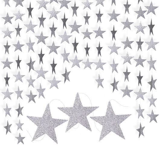 G2PLUS Silver Glitter Star Garland, 16m Sparkling Paper Star Garland, Stars Bunting Garland for Birthday, Twinkle Little Star Party Garlands for Wedding Theme Party Backdrop Decor