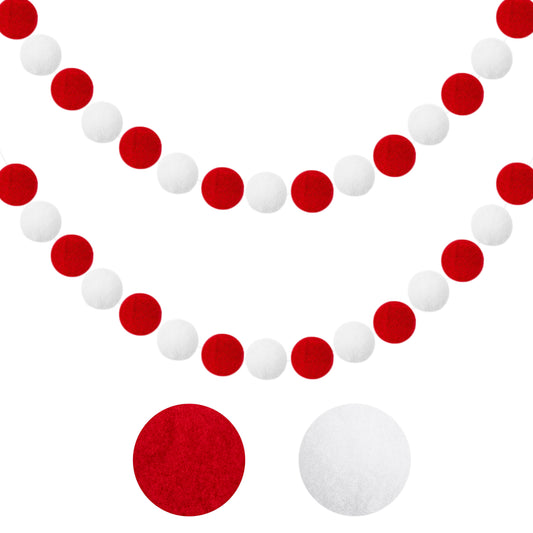 G2PLUS 2PCS Colored Felt Ball Garland, Pom Pom Garland with 60 Balls for Christmas, Red and White Nursery Decor Garland, Felt Ball Garlands for Christmas Tree Party Decoration
